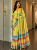 Women’s Lime Green Cotton Saree with Multicolored Rainbow Stripes & Checked Pallu