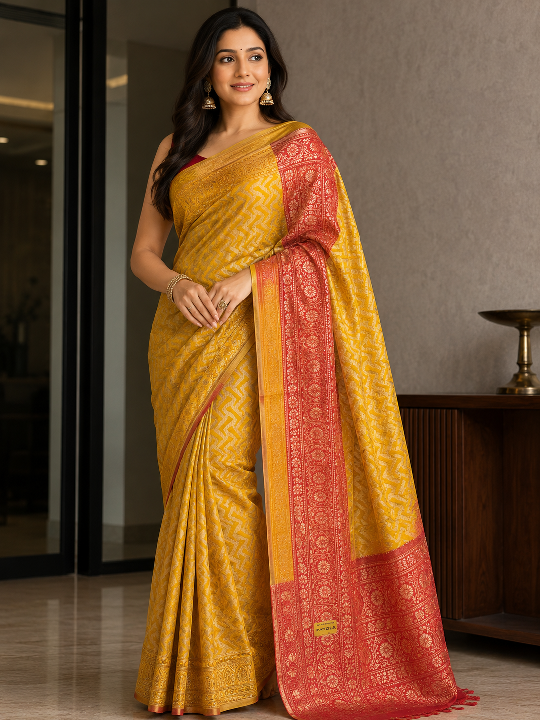 Women’s Mustard Yellow & Red Chanderi Silk Saree with Full Zari Work