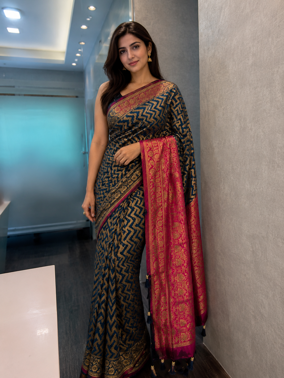 Midnight Blue & Rani Pink Zari Weave Designer Saree
