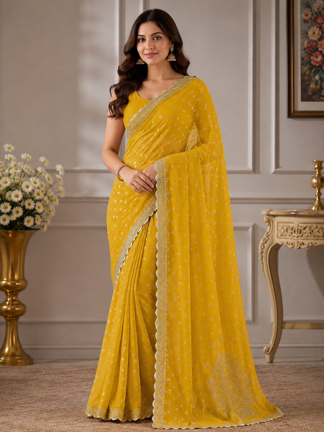Elegant Sunshine Yellow Embellished Saree with Stone Work Border | Festive & Party Wear Saree for Women
