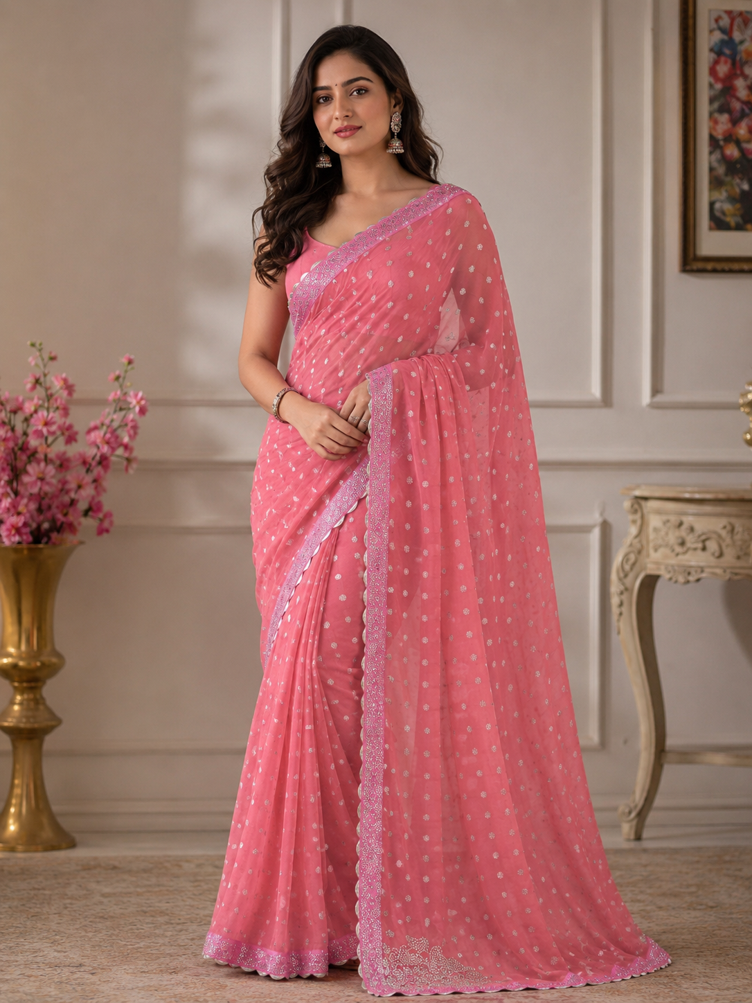 Elegant Blush Pink Embellished Saree with Stone Work Border | Festive & Party Wear Saree for Women