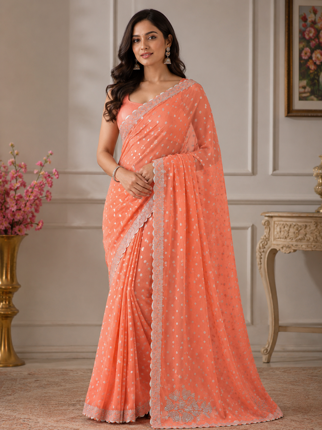 Elegant Peach Embellished Saree with Stone Work Border | Festive & Party Wear Saree for Women