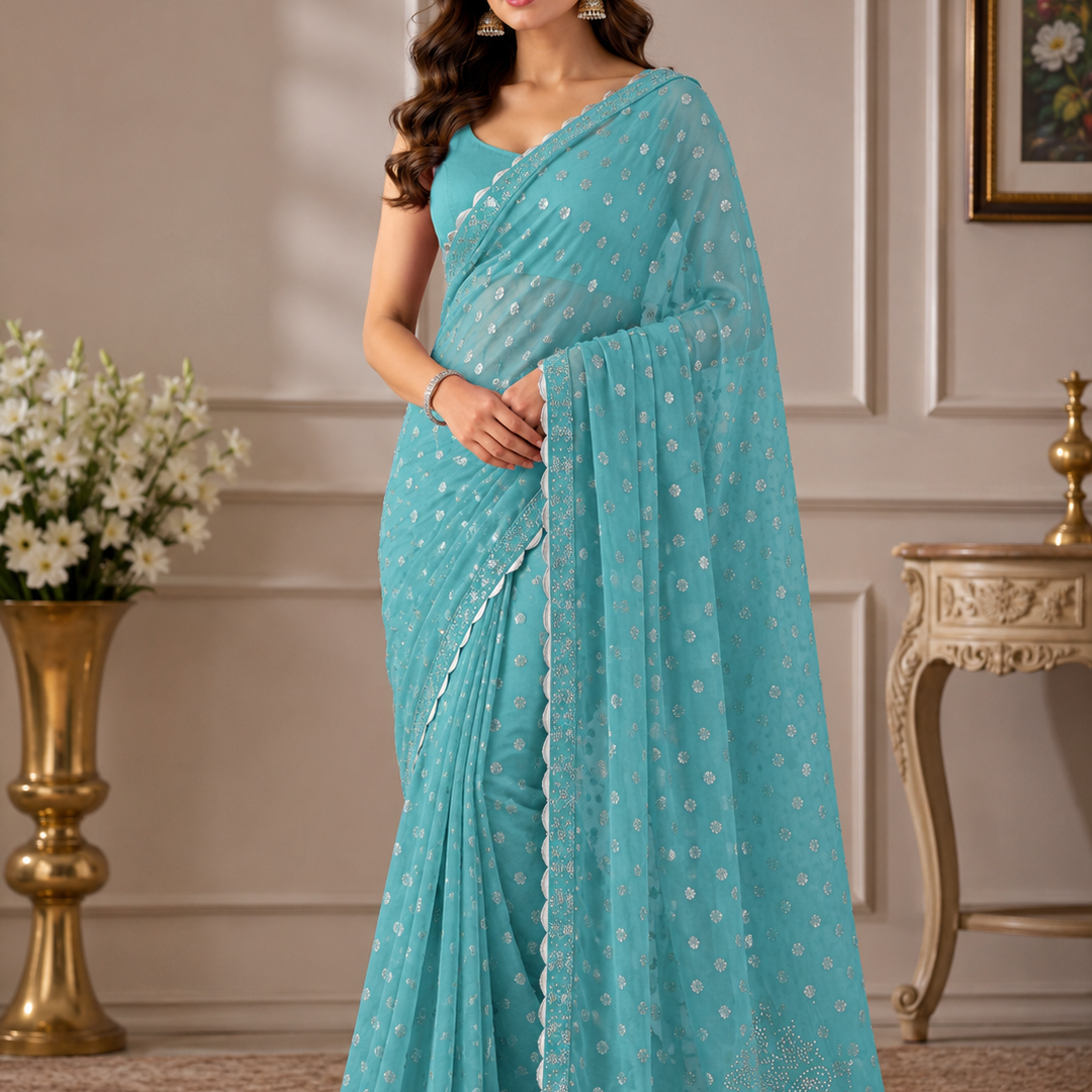 Elegant Sky Blue Embellished Saree with Stone Work Border | Festive & Party Wear Saree for Women