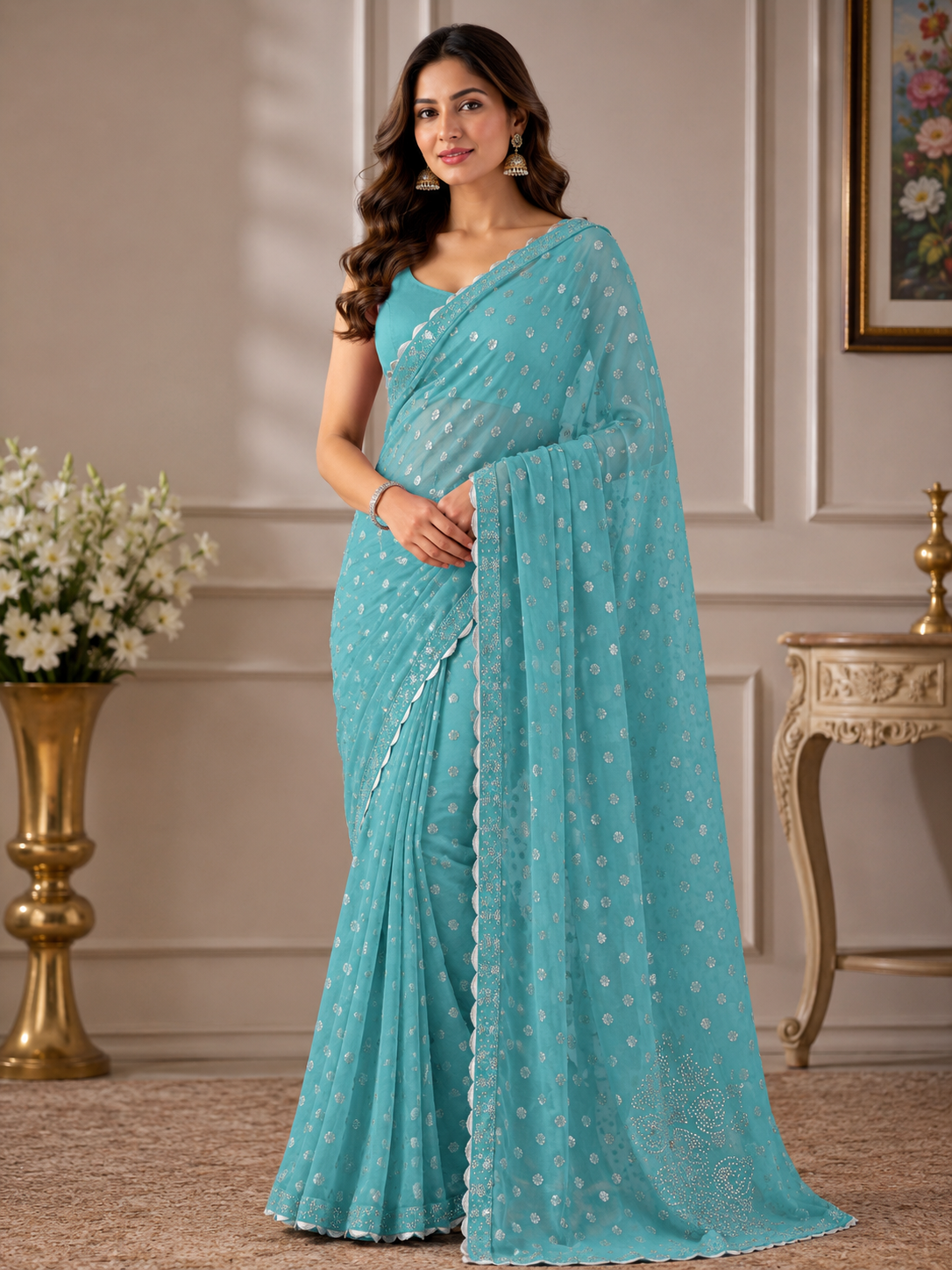 Elegant Sky Blue Embellished Saree with Stone Work Border | Festive & Party Wear Saree for Women