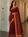 Women’s Maroon Silk Saree with Golden Zari Border & Striped Pallu