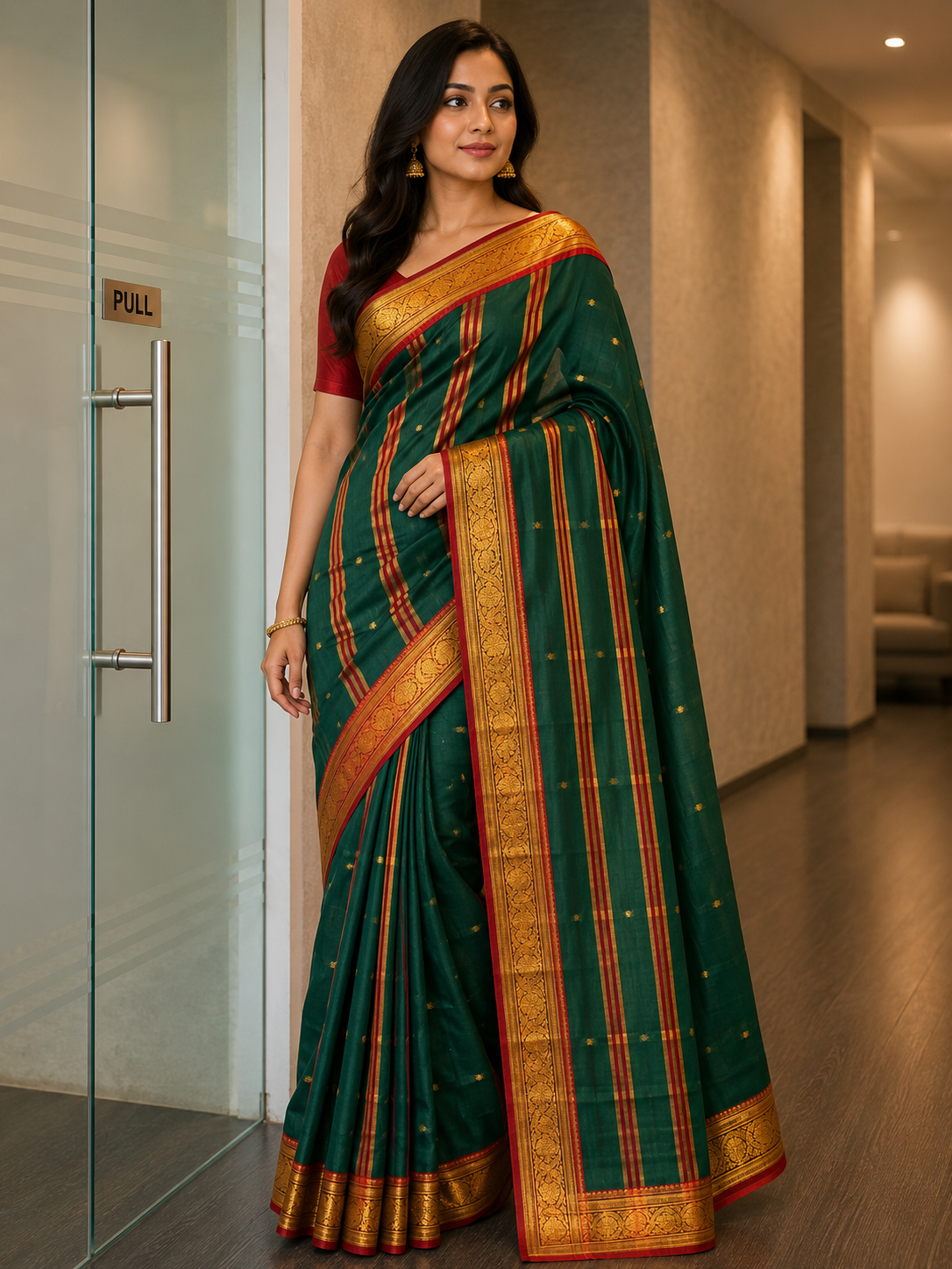 Women’s Bottle Green Silk Saree with Zari Border & Stripes
