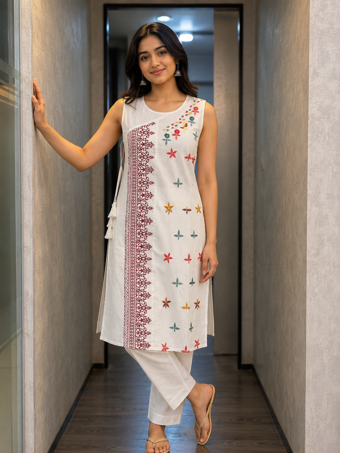 Women’s Off-White Sleeveless Cotton Kurti with Floral Embroidery & Side Tassels