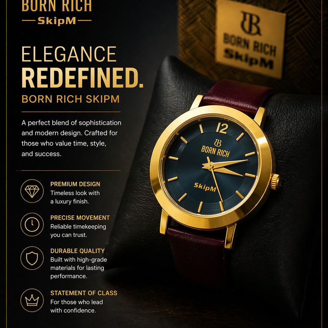 Born Rich SkipM Elegant Analog Watch – Deep Blue Dial, Gold-Tone Finish & Premium Leather Strap