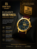 Born Rich SkipM Elegant Analog Watch – Deep Blue Dial, Gold-Tone Finish & Premium Leather Strap