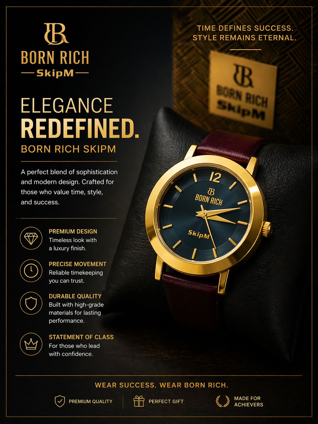 Born Rich SkipM Elegant Analog Watch – Deep Blue Dial, Gold-Tone Finish & Premium Leather Strap