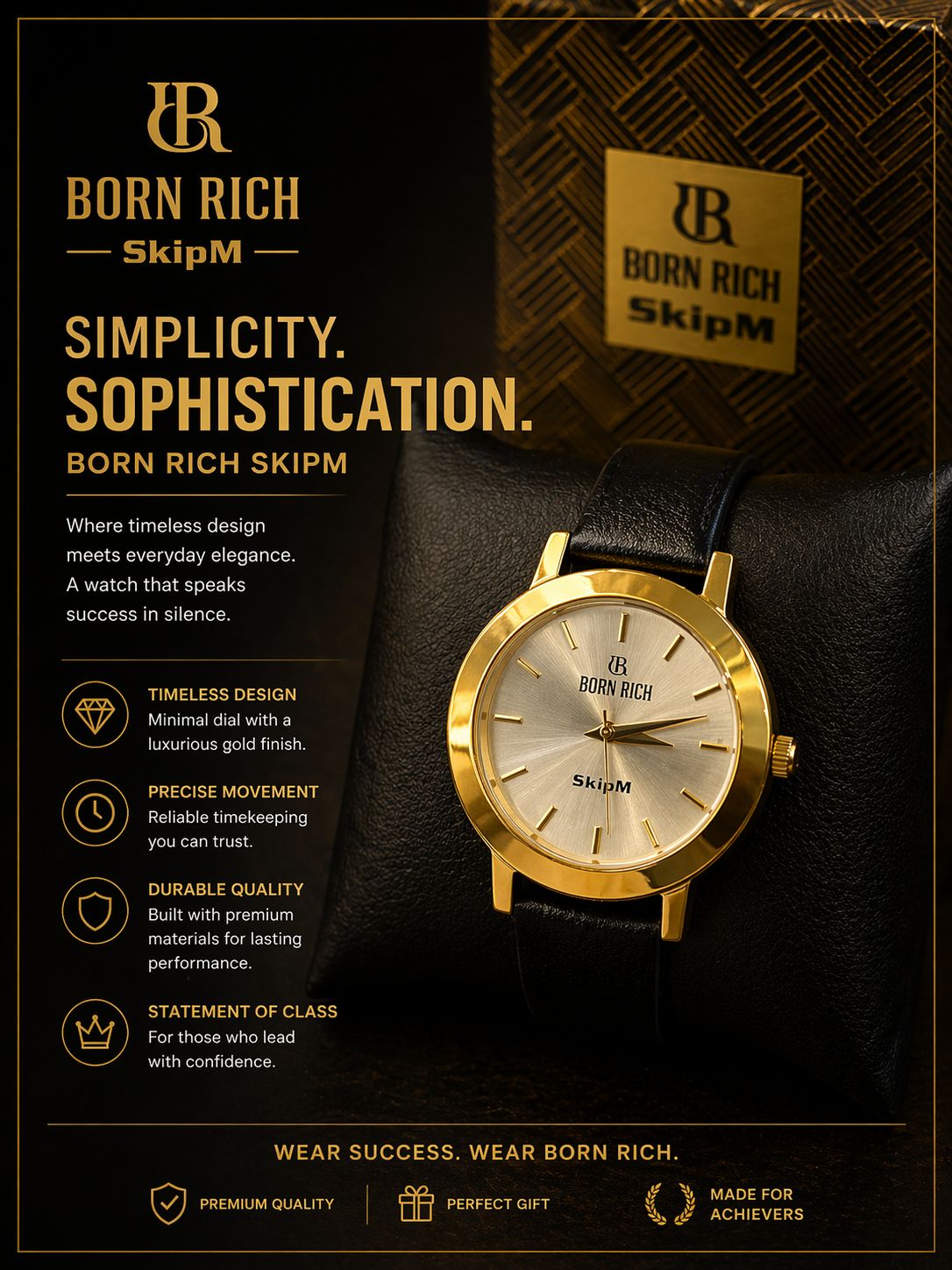 Born Rich SkipM Luxury Minimalist Analog Watch – Gold Finish with Premium Strap & Elegant Design