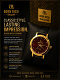 Born Rich SkipM Classic Analog Watch – Maroon Dial, Gold-Tone Finish & Premium Strap Design