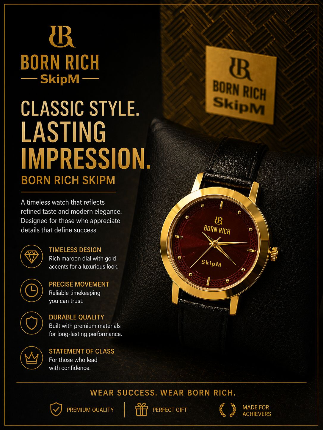 Born Rich SkipM Classic Analog Watch – Maroon Dial, Gold-Tone Finish & Premium Strap Design