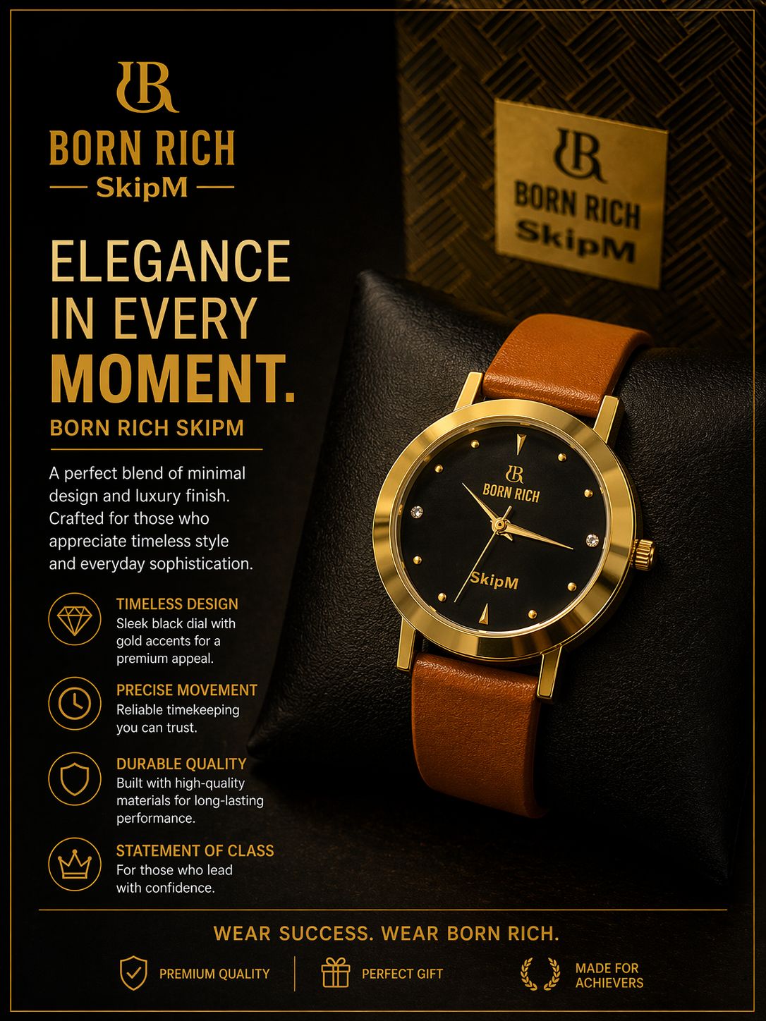 Born Rich SkipM Premium Analog Watch – Black Dial, Gold-Tone Case & Classic Leather Strap