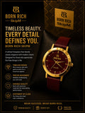 Born Rich SkipM Women’s Rich Maroon Dial Gold Case Watch with Burgundy Leather Strap & Patterned Rim