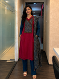 Women’s Maroon & Teal Blue Butter Silk Kurti, Pants & Bandhani Dupatta Set (3-Piece Set)