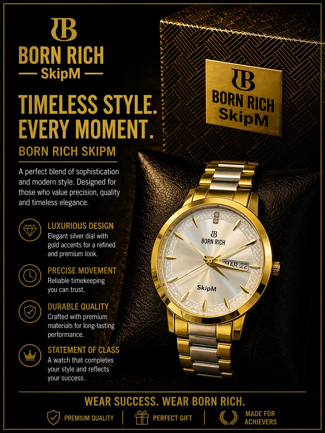 Born Rich SkipM Men’s Textured Silver Dial Two-Tone Gold Metallic Watch with Day-Date Display