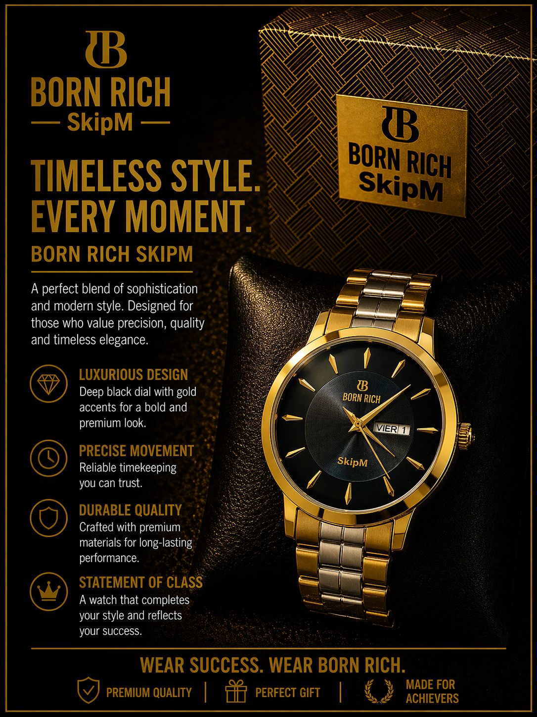Born Rich SkipM Men’s Black Patterned Dial Two-Tone Gold Metallic Watch with Arrow Indices & Day-Date Display