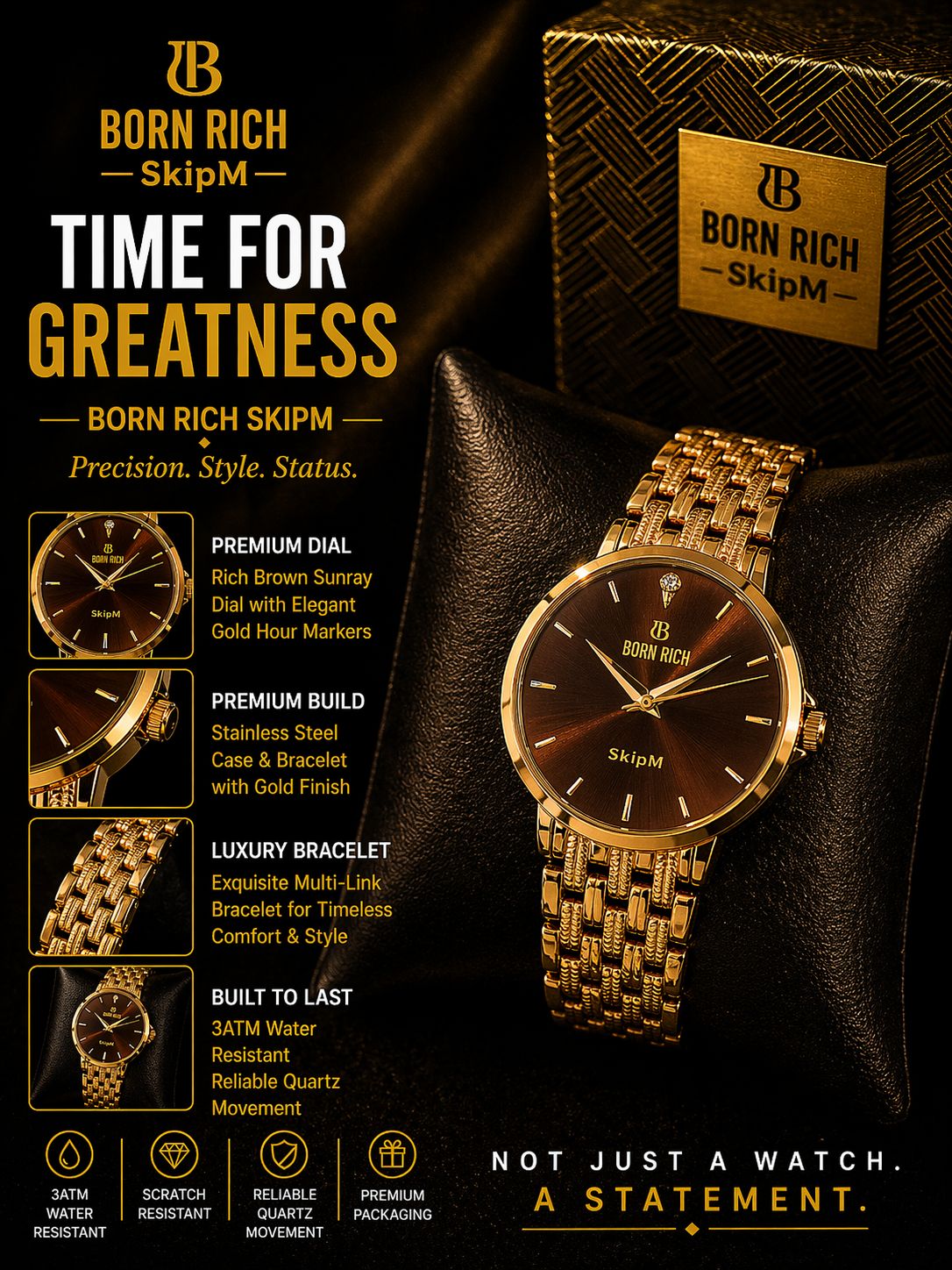 Born Rich SkipM Women’s Rich Brown Sunray Dial Gold Multi-Link Bracelet Watch with Crystal Accent