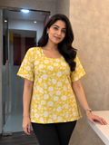 Women’s Bright Yellow Floral Printed Cotton Short Kurti Top