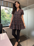 Women’s Black Tribal Printed Cotton Tiered Short Kurti Top