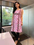 Women’s Pink Floral Printed Cotton Sleeveless Kurti with Printed Yoke Panel