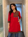 Women’s Red Cotton Short Tunic Kurti with Multicolored Embroidered Yoke