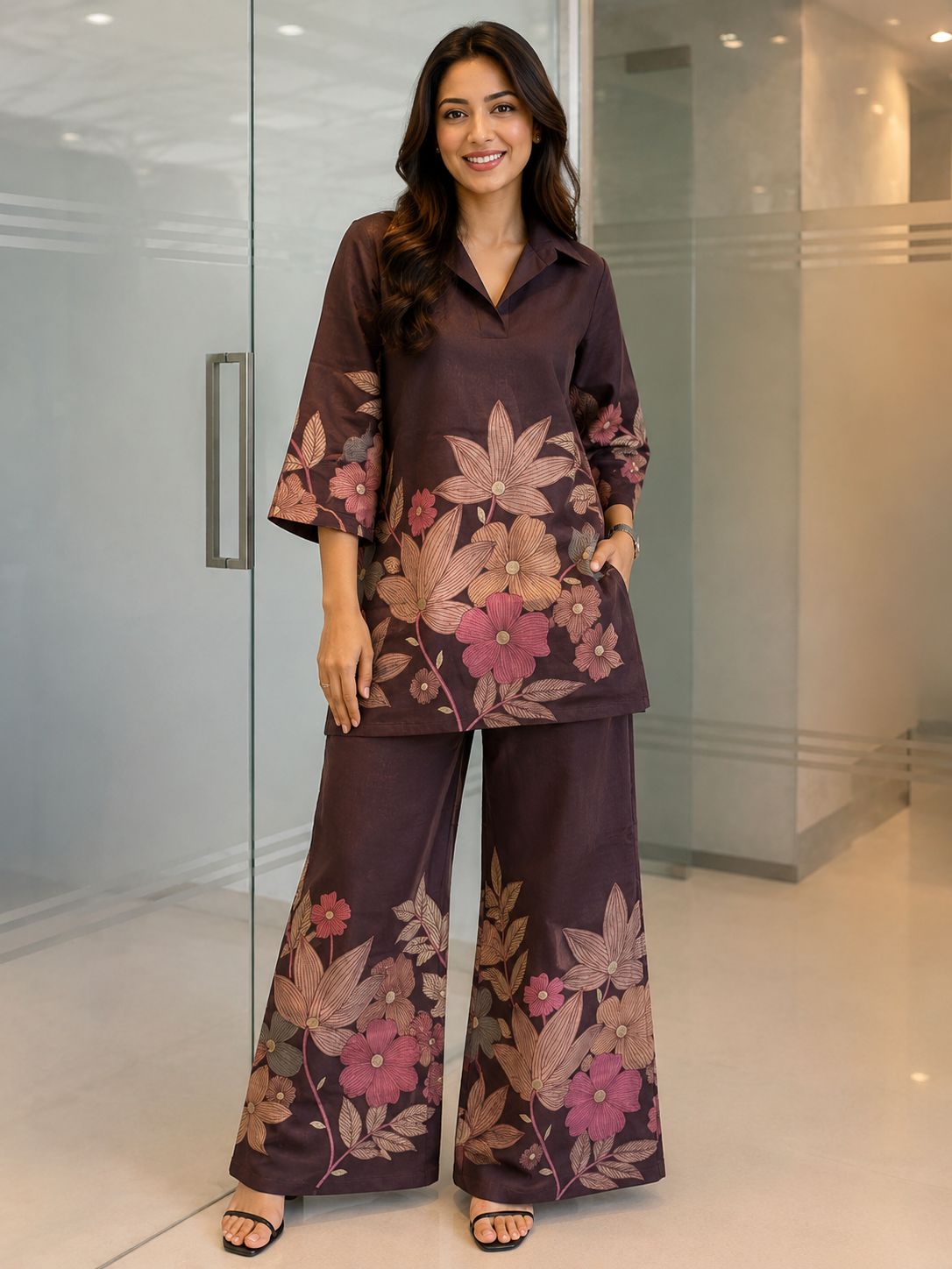 Coffee Brown Floral Chanderi Co-Ord Set with Statement Bloom Print