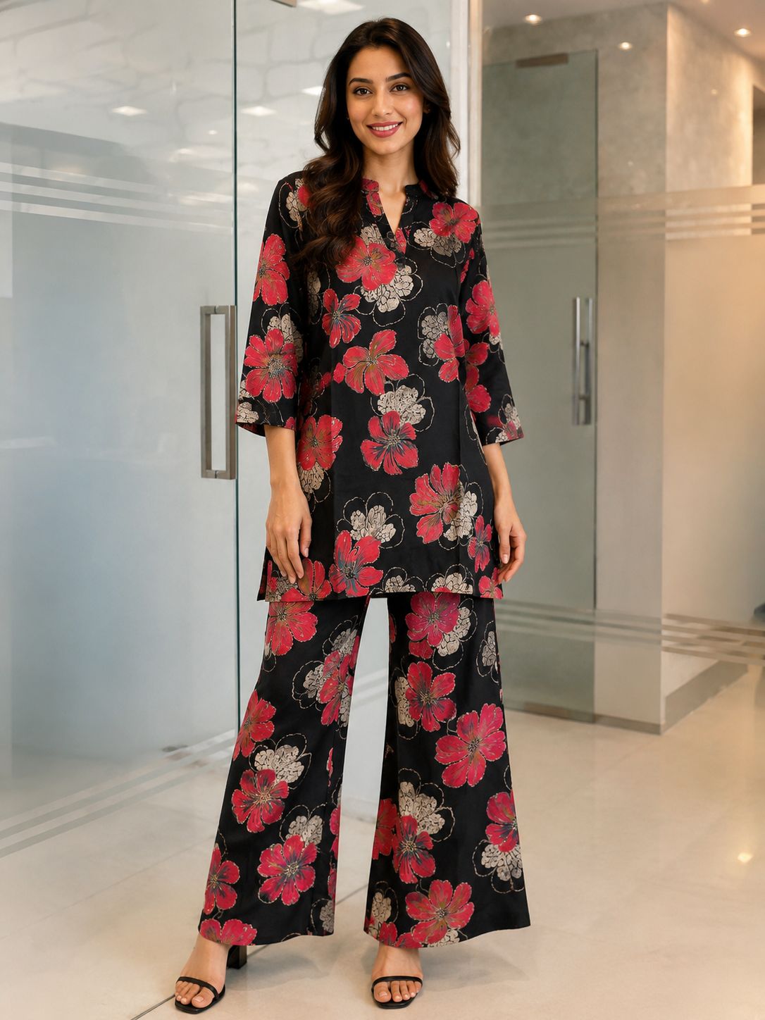 Black Chanderi Silk Floral Print Dress with Elegant Contemporary Design | Claura