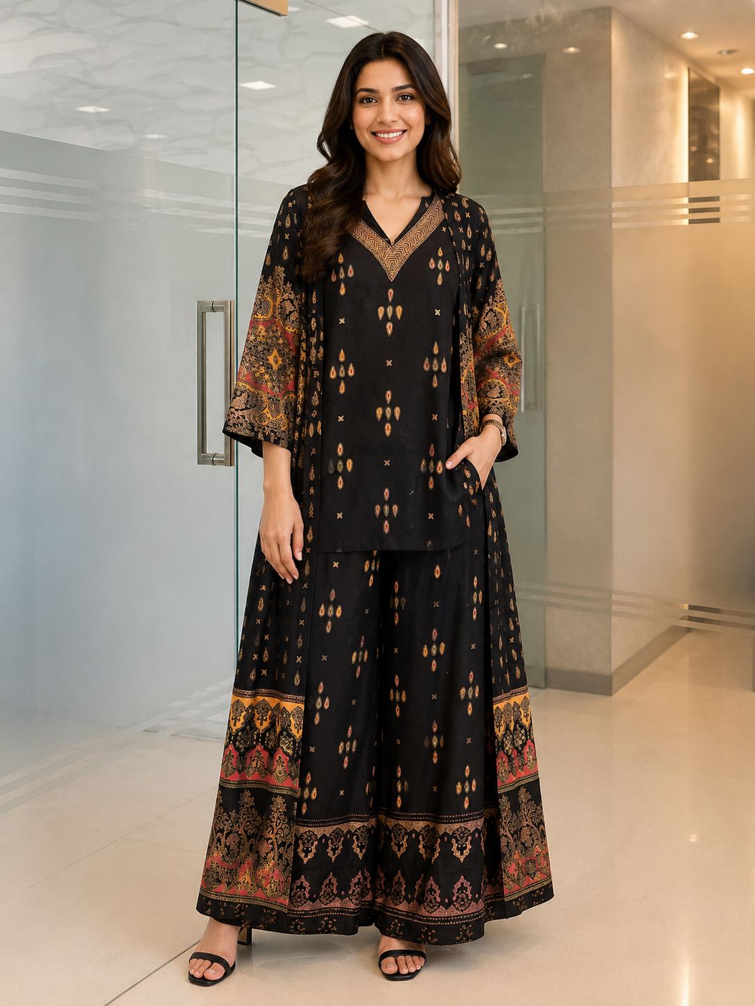 Black Ethnic Printed Viscose Rayon Co-Ord Set for Women | Claura