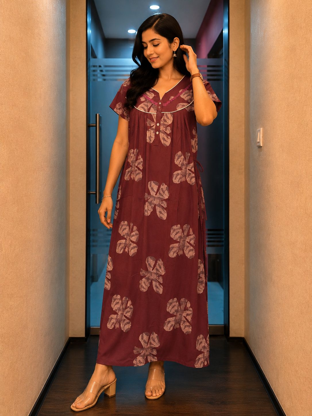 Wine Floral Printed Maxi Dress with Elegant Relaxed Fit | Claura