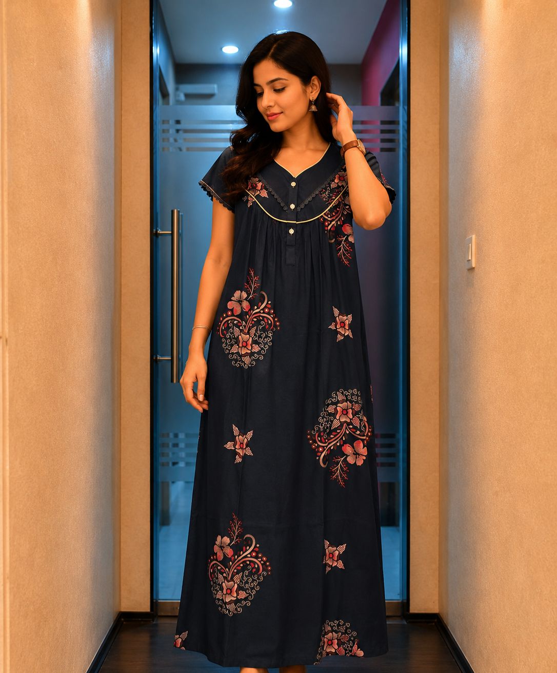 Navy Blue Floral Printed Maxi Dress with Graceful Everyday Charm | Claura