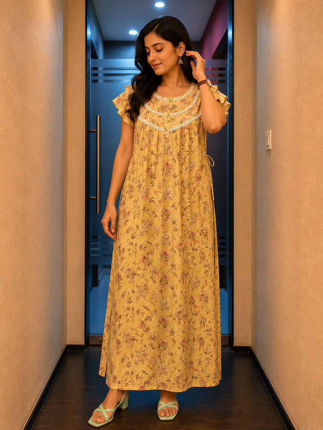 Mustard Yellow Floral Printed Maxi Dress with Delicate Everyday Elegance | Claura