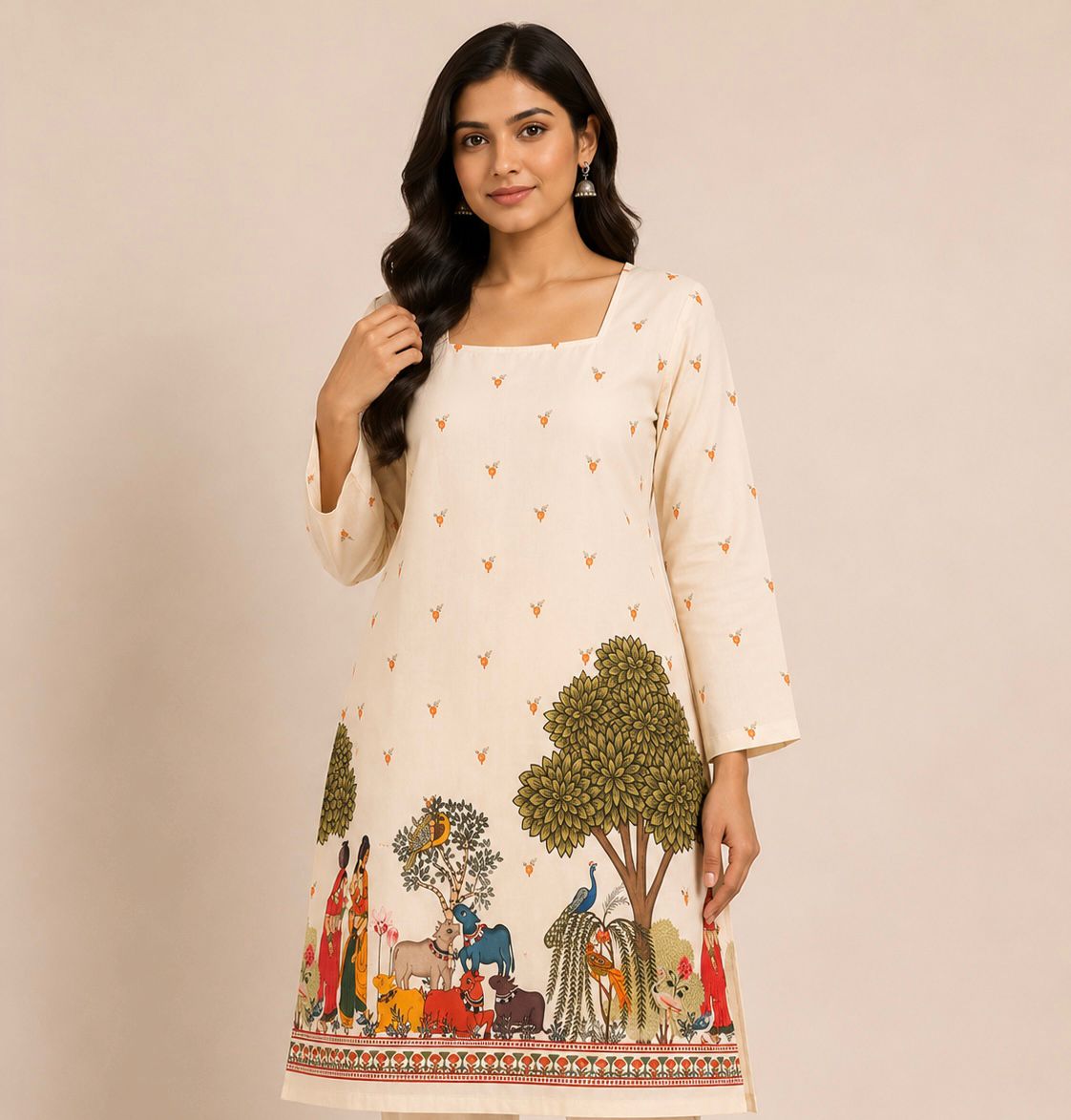 Ivory Folk Art Printed Straight Kurta with Nature & Animal Motifs
