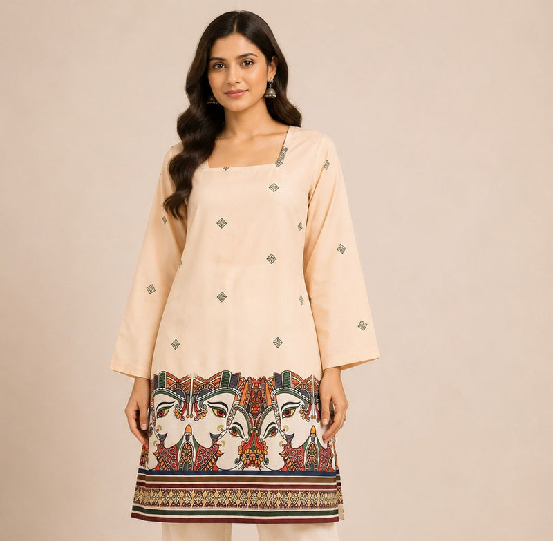 Beige Folk Art Printed Straight Kurta with Tribal Face Motifs