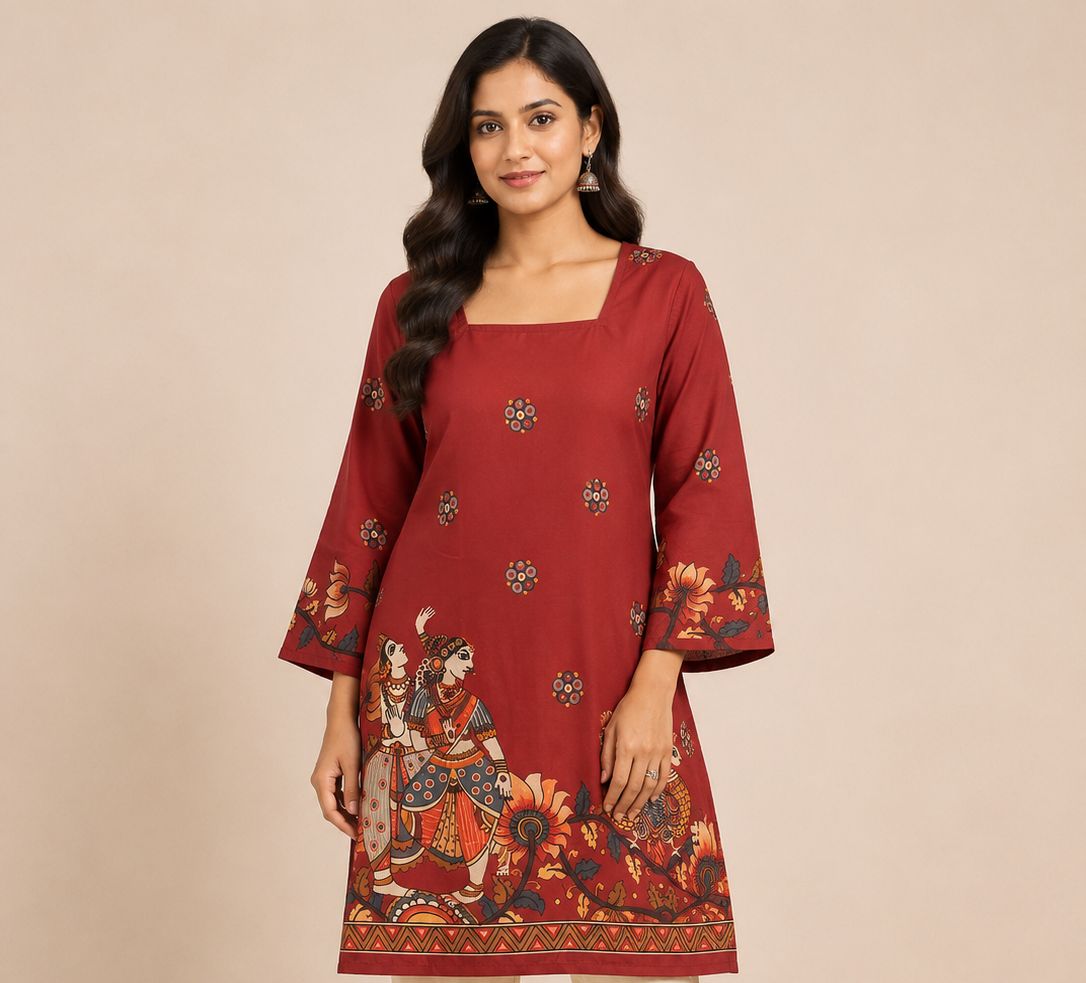 Maroon Folk Art Printed Straight Kurta with Cultural Motifs