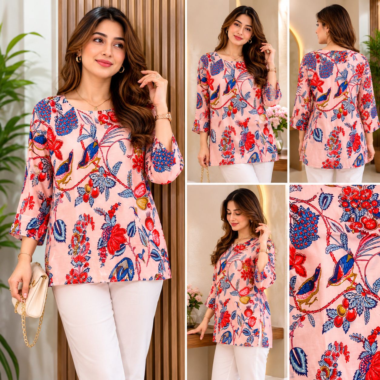 Blush Pink Floral & Bird Print Tunic Top with Bell Sleeves