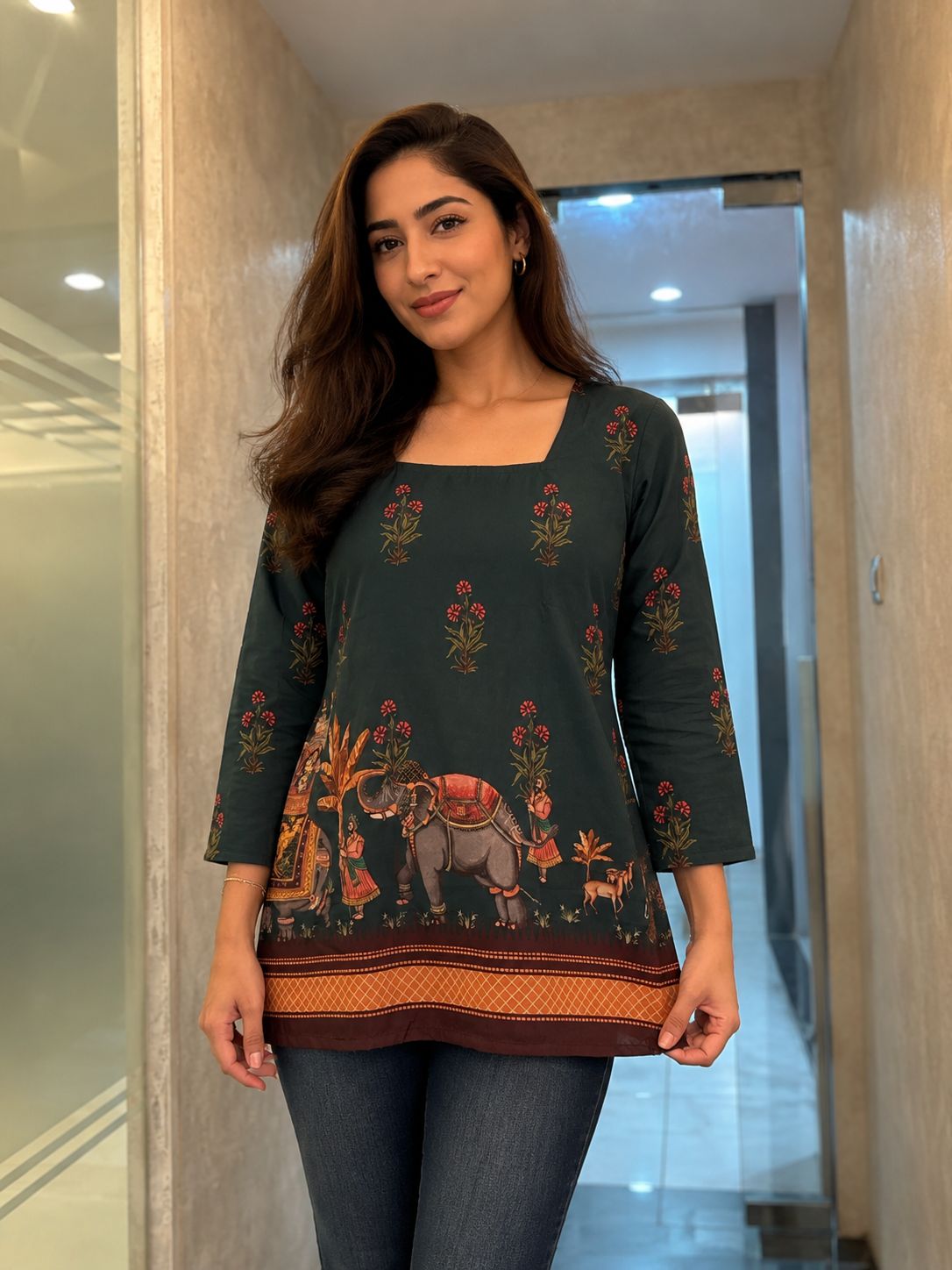 Dark Teal Folk Art Printed Tunic Top with Elephant Motifs
