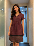 Maroon Textured Collared A-Line Dress with Ethnic Border Print