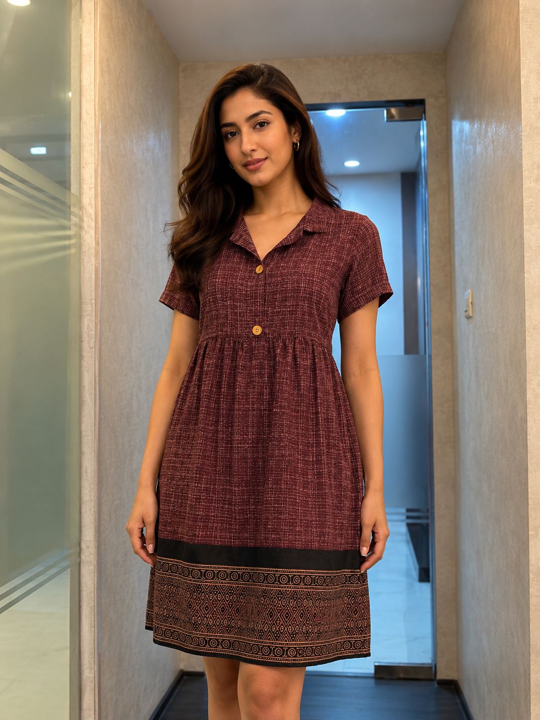 Maroon Textured Collared A-Line Dress with Ethnic Border Print