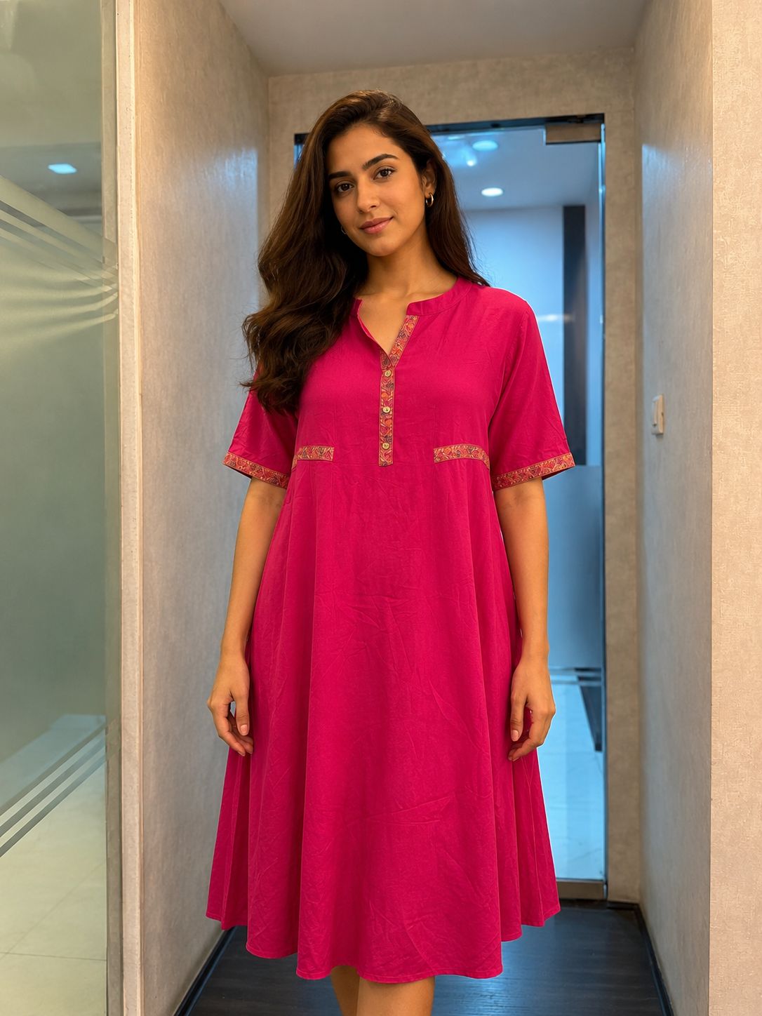 Women’s Rani Pink Casual Midi Dress | Half Sleeve A-Line Cotton Dress with Border Work