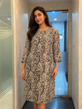 Women's Grey Kalamkari Floral Print Cotton Straight Midi Dress with Three-Quarter Sleeves
