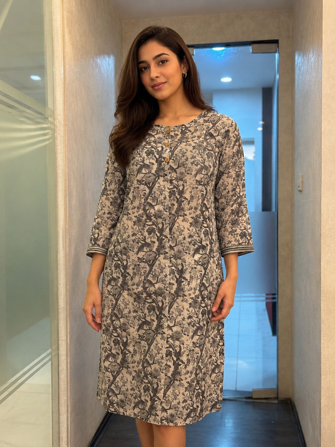 Women's Grey Kalamkari Floral Print Cotton Straight Midi Dress with Three-Quarter Sleeves