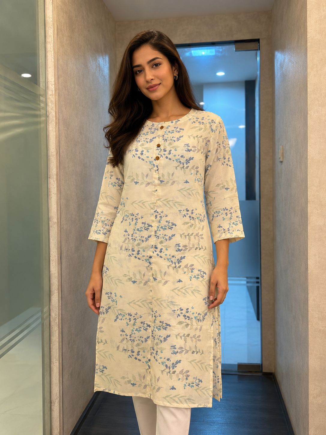 Women's Off-White Floral Print Cotton Straight Kurta with Three-Quarter Sleeves