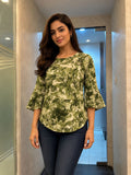 Women's Olive Green Floral Print Top with Bell Sleeves and Brooch Detail