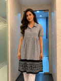 Women's Grey Textured Cotton Empire-Line Tunic with Floral Printed Border and Shirt Collar