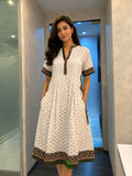 Women's White Ikat Print Cotton A-Line Midi Dress with Geometric Borders and Side Pockets