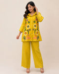 Women's Mustard Yellow Embroidered Cotton Co-ord Set with Shirt Tunic and Wide-Leg Trousers