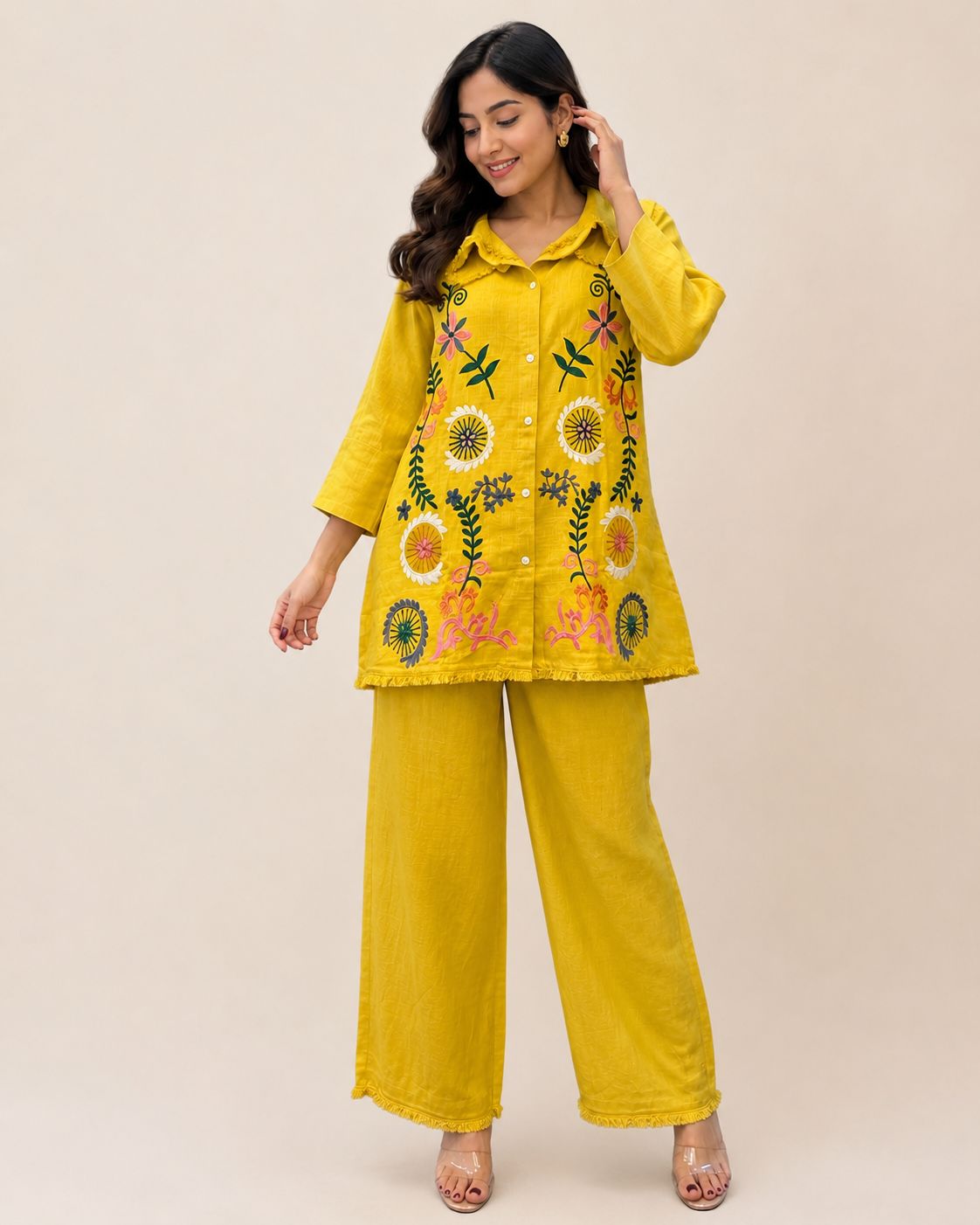 Women's Mustard Yellow Embroidered Cotton Co-ord Set with Shirt Tunic and Wide-Leg Trousers