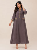 Women's Charcoal Grey Cotton Flared Ankle-Length Maxi Dress with Printed Trim Details